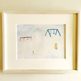 【猫のいる絵】原画「小さな春」イラスト・水彩・木製額縁入り
