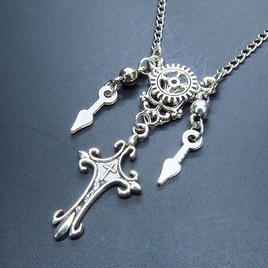 アンティークシルバー スチームパンク風のスリムなロザリオと歯車のネックレス 時計の針 長さ調整可 アジャスター可