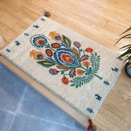 ペルシャ　ギャッベ　玄関マット　ラグ　92x60cm　アイボリー　花の断面 RJ13797