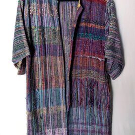 【個性的】さをり織りの艶やかカラフルロングコート ノーカラー