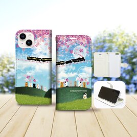 iPhone専用 手帳型スマホケース 【内側色：ホワイト仕様】カメラ穴有【ほのぼのにゃんこ（さくら銀河鉄道）】