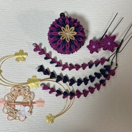 紫と紺の半クスかんざし ― 桔梗小花と下がり ― Purple & Navy Kanzashi