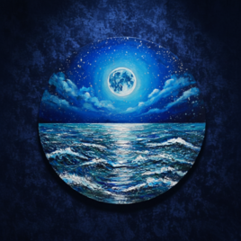 【油絵】心を落ち着かせる海景画 丸形「青い満月と輝く海」油彩画インテリア