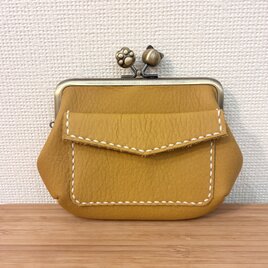 ぱかっと開くとお部屋が3つの親子がまぐち♪外ポッケが付いたネコ＆肉球口金の本革ミニ財布