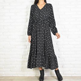 モノトーン花柄Vネック長袖ワンピース