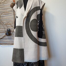 古布リメイク　のぼり旗のへちまカラーロングベスト　男女兼用　刺し子　ゆったりサイズ　着物リメイク