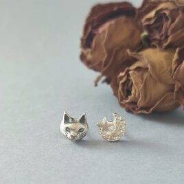 【受注制作】金属アレルギー対応/猫/星/月/古美仕上げ/アンティーク風/アシンメトリー/スタッド/ピアス/イヤリング