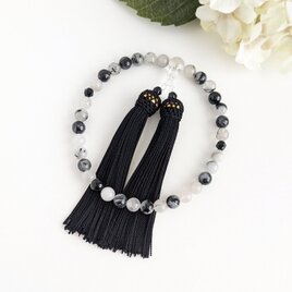 【女性用/主玉8mm】トルマリンクォーツとオニキスの数珠・略式念珠/正絹漆黒房