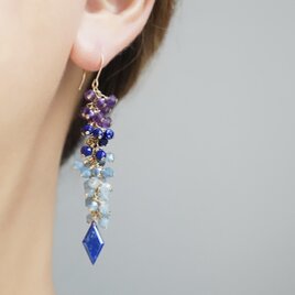 【１点限定】「蒼の余韻」アメジスト ラピスラズリ アクアマリン ロングピアス イヤリング 14kgf 天然石 誕生石