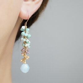 【１点限定】「そよ風の色」アマゾナイト エメラルド アメジスト シトリン アクアマリン ロングピアス イヤリング 14kgf