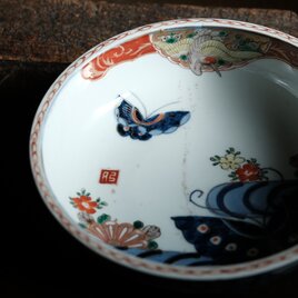 花と鶴と蝶々◆伊万里　花蝶文赤絵金彩浅型大鉢　碗　骨董・antiques 器　暮らしに　明治期 　中