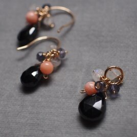 14kgf ブラックスピネルの花束シンプルピアスとレックレストップのセット k14gf　華奢