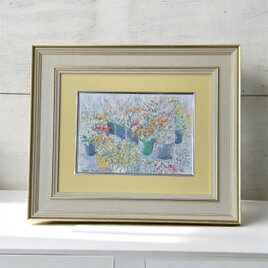 春を告げる店先(水彩画原画、額付き、フランス、パリ)