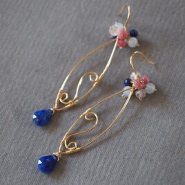 14kgf ラピスラズリ＆ローズクオーツ・ロードナイト・カルセドニーワイヤー細工