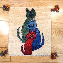 ペルシャ　ギャッベ　ミニマット　ラグ　横41x45cm　3匹の猫　T7542