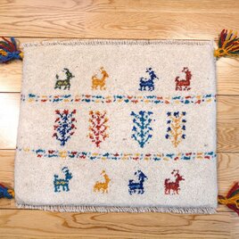 ペルシャ　ギャッベ　ミニマット　ラグ　横44.5x36cm　アイボリー　鹿　羊　生命の木　Z1343