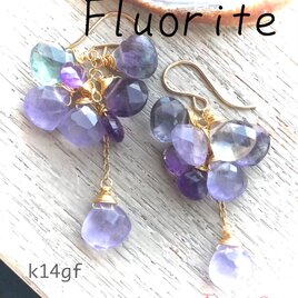 14kgf 2種のフローライトとアメジストのピアス