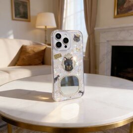 デコ電 ハンドメイドミラー付き キラキラビジュー スマホケース パール韓国風 Galaxy Pixel iPhone 全機種対応