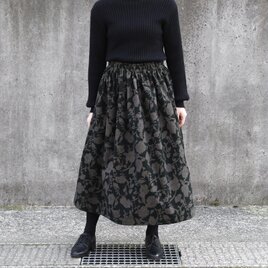 ★新作 コーデュロイ ボタニカル シルエット ギャザースカート（ ブラック ）ロング マキシ ポケット