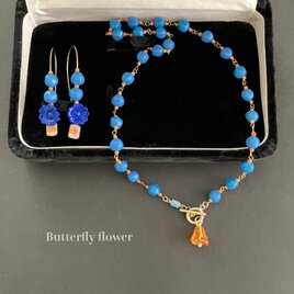 【Vintage German Beads : Blue + Orange 】お花のネックレスとピアスのセット