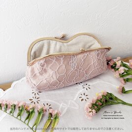 《ハートのシャンパンローズ》ピンク 花柄 レース がま口 コスメ メガネケース ポーチ