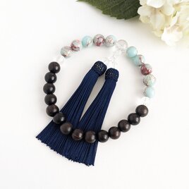 【男性用/主玉12mm】カオリンと黒檀・バイカラーの数珠・略式念珠/正絹濃紺房×水晶