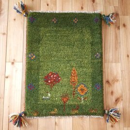 ペルシャ　ギャッベ　玄関マット小　ラグ　56.5x42cm　緑色　風景　生命の木　NN15847