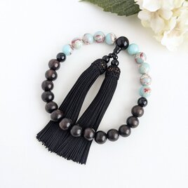 【男性用/主玉12mm】カオリンと黒檀・バイカラーの数珠・略式念珠/正絹漆黒房×オニキス