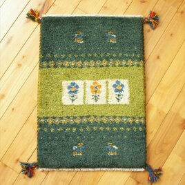 ペルシャ　ギャッベ　玄関マット小　ラグ　60x42cm　緑色　花　ヤギ　NN19431