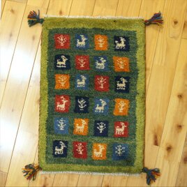 ペルシャ　ギャッベ　玄関マット小　ラグ　59x40cm　緑色　タイル　生命の木　ヤギ　NN20093