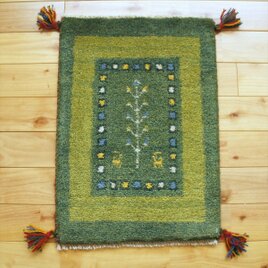 ペルシャ　ギャッベ　玄関マット小　ラグ　57x40cm　緑色　黄緑色　生命の木　ヤギ　NN19762