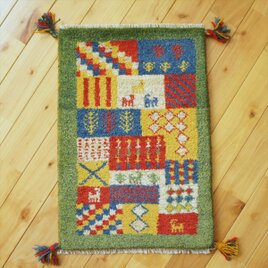 ペルシャ　ギャッベ　玄関マット小　ラグ　57.5x40cm　緑色　カラグルなタイル　NN18916