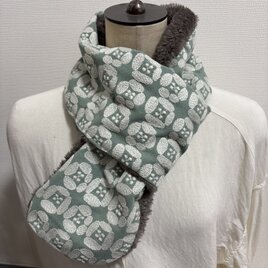 ハンドメイド◆差し込み式マフラーリネンミントグリーン花刺繍ファ