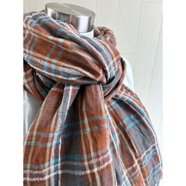 秋冬 イタリアンリネンのストール　チェック　キャラメルブラウン×グレー系