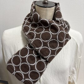ハンドメイド◆差し込み式マフラーリネン茶サークル刺繍ファ