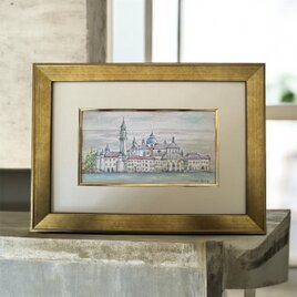 水辺の教会(イタリア、ヴェネツィア、水彩画、原画、額付き)