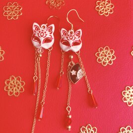 人気☆きつね☆ミニお面☆お祭り髪飾り☆成人式☆卒業式☆御神輿☆よさこい☆祇園祭☆ピアス☆イヤリング☆揺れる☆扇子☆