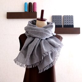 リネン＆コットン チクチクしない手織りストール【グレー x こげ茶 x ホワイト ストライプ柄】