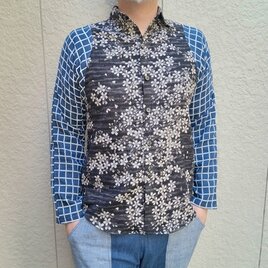 長袖和柄ジャガード二重織シャツ（桜×格子）