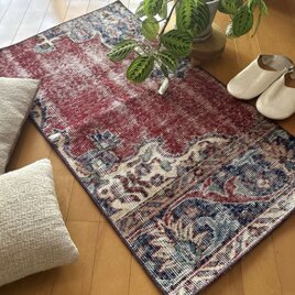 52×96 エンジ色　ボタニカル　擦れシャビー　トルコヴィンテージラグ