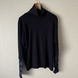 手袋付き長袖タートルカットソー　紺×紺水玉柄Ｆ