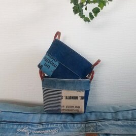 デニムパッチワーク本革持ち手の小物入れ