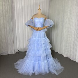 カラードレス ブルー ベアトップ 取り外し袖 チュールスカート スレンダーライン 編み上げ 演奏会/音楽会