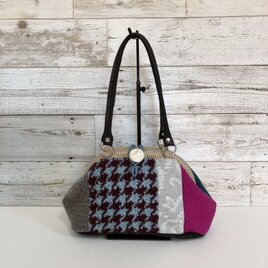 ボストンバッグ　アルミ口金 　ブルーの千鳥格子