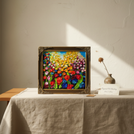 【原画】油絵「colorful flower garden」色紙/ 鮮やかな花畑の風景画 リビングや玄関に飾る花の絵 額縁あり