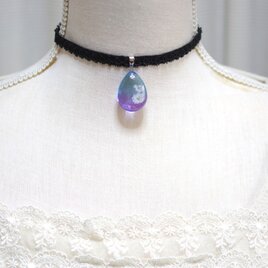 【受注製作】レジンアート　ドロップモチーフとタティングレースとベルベットリボンのチョーカー〈宵闇の庭〉