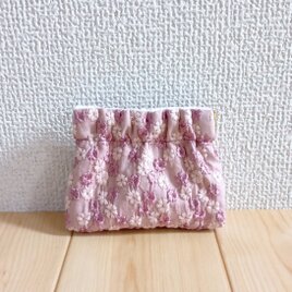 手のひらサイズ　花柄刺繍　バネ口ミニポーチ　8cm口金　くすみピンク　635
