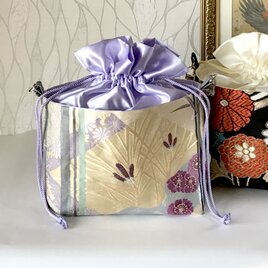 桜花文様　巾着ショルダー　スマホポーチ　スマホショルダー　和装バッグ　ショルダーバッグ　フォーマルバッグ　帯リメイク