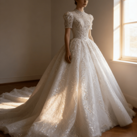 豪華！ウェディングドレス 韓国風ドレス 短袖 キラキラ光る刺繍 背中見せ 華やかなトレーン ボリュームドレス 結婚式