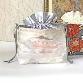 プラチナ二重箔　巾着ショルダー　巾着ポシェット　スマホポシェット　サブバッグ　フォーマルバッグ　スマホポーチ　帯リメイク